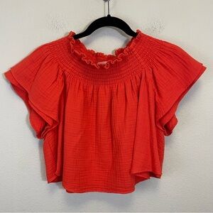 Apiece Apart Orange Off The‎ Shoulder Gauzy Smocked Crop Blouse Size 4
